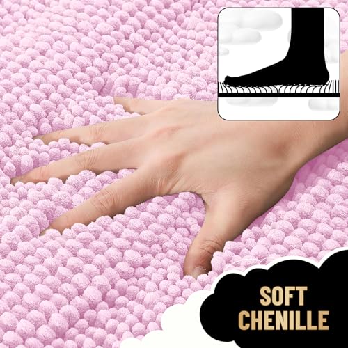 Image of OLANLY Thick Bathroom Runner Rugs 44x24, Extra Absorbent Chenille Striped Bath Rugs, Rubber Backing, Machine Wash Dry, Long Bath Mats for Bathroom Floor, Tub and Shower, Home Decor Accessories, Pink