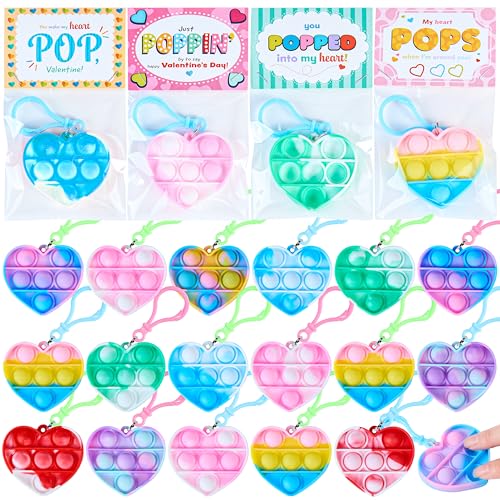 JOYIN 30 Packs Valentine's Day Gift Cards with Pop Fidget Keychain Toys, Stress Anxiety Relief Fidget Toy with Card for Kids Valentine Classroom Exchange Prizes, Valentine's Day Party Favor