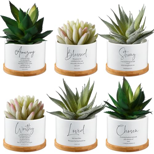 Sieral 6pcs Christian Easter Gift Bible Verse Succulent Pots 3 x 3 x 2 Inch Mini Ceramic Succulent Planters with Bamboo Tray Small Plant Pots for Women, Plants Not Included (Bright)