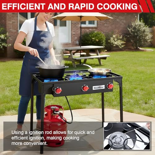 Image of Bestfire 3 Burners Camping Stove for Cooking Outdoor, 225,000 BTU Propane Burners with Ignition wire&Removable Legs, Temperature Control Knobs and 20 PSIG High Pressure Regulator for BBQ