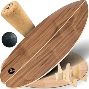 valuents Balance Board aus Holz in Walnut Brown – mit abgerundeten Ecken – inkl. Rolle für Neuromuscular Response Training +Plus: Halterung & Ball