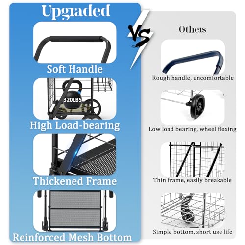 Heavy Duty Folding Shopping Cart for Groceries, Jumbo Double Basket with 360° Swivel Wheels & Waterproof Bag, Portable Utility Cart for Shopping, Laundry, Holds Up to 320 LBS