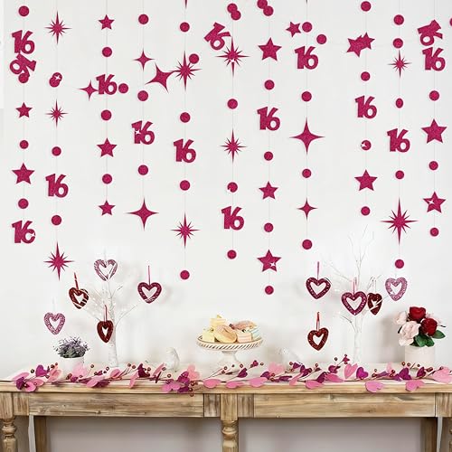 Image of Burgundy 16th Birthday Decorations Number 16 Circle Dot Star Garland Glitter Streamer Banner Backdrop for Girls Boys Sweet Sixteen Cheers to 16 Years Old Birthday 16th Anniversary Party Supplies