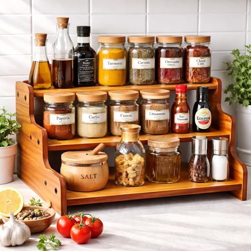 Image of 3-Tier Wooden Countertop Organizer Shelf for Kitchen Counter | Multipurpose Spice Rack Storage Stand for Bathroom, Office & Desktop | Display Shelf for Seasonings, Cosmetics, Plants