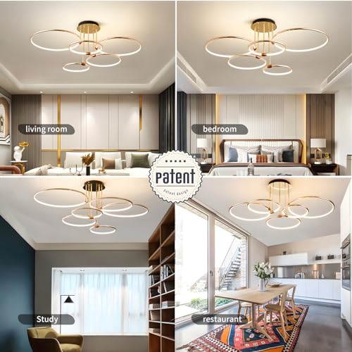 5 Okrągłe Pierścienie Złota Lampa Sufitowa Led, Ø93cm Żyrandol O Średnicy, 108W Bezstopniowo Przyciemniana, Kreatywna Metalowa Galwanizowana Lampa Wisząca, Nowoczesna Lampa Do Sypialni, Salonu Biura