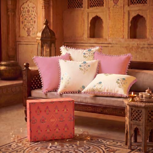 Image of Urban Space Festive Gift Set - Set of 5 Decorative Cushion Covers with Pom Pom, 16 x 16 Inch, Living Room & Sofa Cushion Covers, Home Decor Gift Set for Diwali, Housewarming & Festive Gifting (CC1)