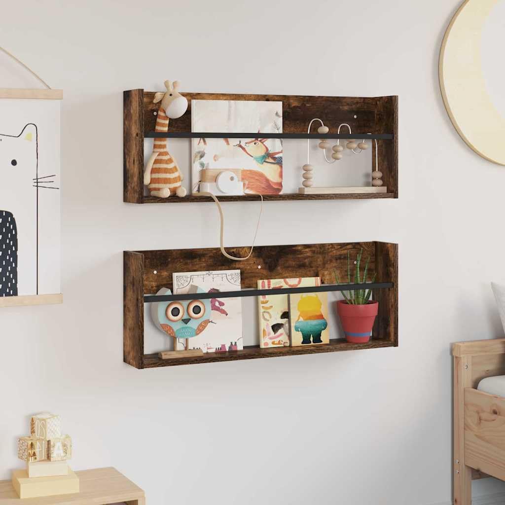 Lot de 2 porte-revues muraux en bois de chêne fumé - 80 x 12 x 30 cm - Porte-revues peu encombrant pour salon et bureau