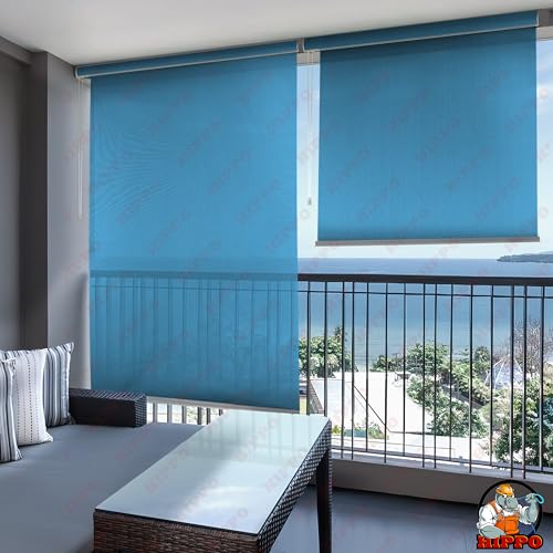 Image of HIPPO 180 GSM HDPE Outdoor Balcony Roller Blind with UV & Dust Protection- Smooth Corded Roll-Up & Down System, Light Filtering Shade for Balcony & Garden Use (Greece-Blues, 3FTX8FT)