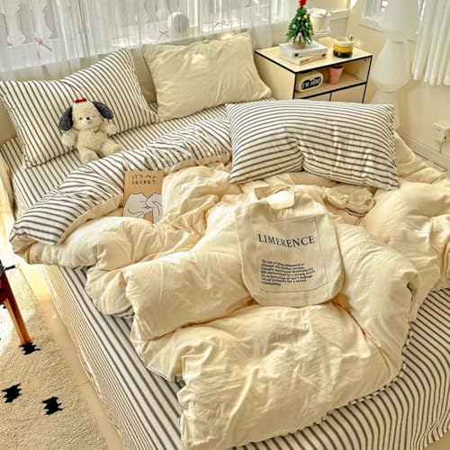 Image of Nayoroom Yellow Duvet Cover Queen Reversible Brown Striped Bedding Set