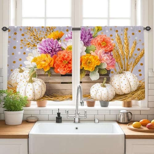 Cortinas de cocina con diseño de calabaza, flores rústicas, trigo, otoño, naranja, cortas, para ventanas, decoración de ventanas para comedor, desayuno, rincón, área de fregadero, 61 x 66 cm