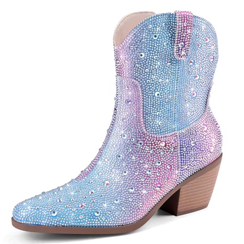 Image of Rhinestone Cowboy Boots for Women Sparkly Ankle Cowgirl Boots | Short Sparkly Boots, Glitter Booties for Women, Festival Country Concert Boots, Pointed Chunky Heel Boots with Zip Up