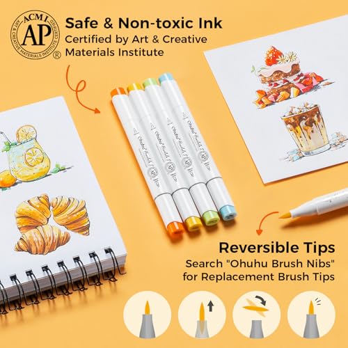Image of Ohuhu Alcohol Markers Brush Tip: 48-Color Brush & Soft Chisel Double Tipped Art Marker Set for Artist Adults Coloring Illustrations Sketching- Honolulu S- Refillable