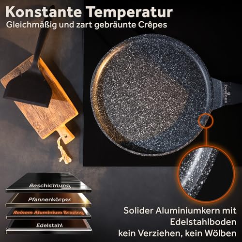 ZWIEGER Crepe Pfanne mit Teighelfer – Beschichtete Pancake Pfanne Induktion 26 cm, Spülmaschinenfeste Pfannkuchenpfanne – Vollflächiger Edelstahlboden, für alle Herdarten geeignet – PFOA- & PFOS-frei 5