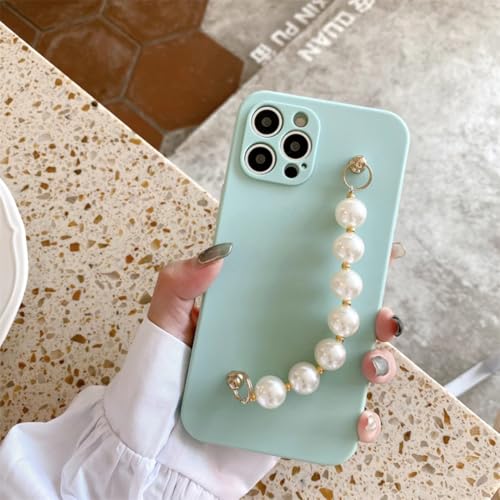 Coque iPhone 16 Plus cyan avec chaîne perles bracelet silicone