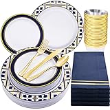 Nervure 175PCS Blue Plastic Party Set - WhiteBlue Gold Disposable Dinnerware Include 25 Plates, 25 Cups, 25 Utensils, 25 Napkins for Wedding & Party