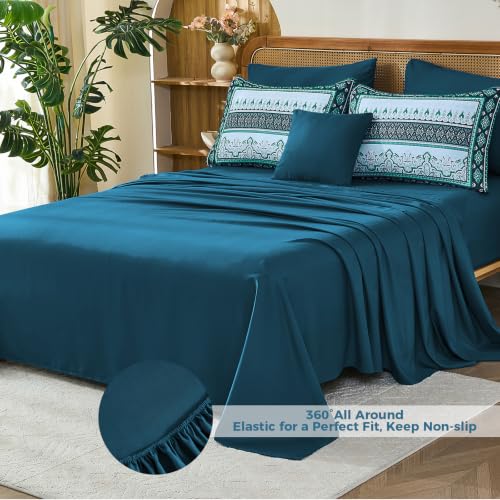 Image of Teal Blue Boho Comforter Set King Size,8 Pieces Striped Bed in a Bag