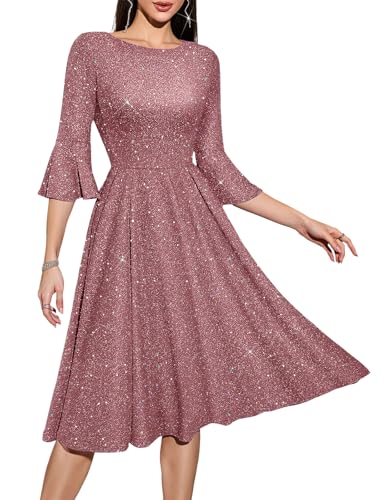 HomRain Elegant Glitter Dresses for Women 3/4 Sleeve Long Sleeve Wedding Guest Midi Dress Fit and Flare Formal Dresses for Women Evening Party Glitter-Blush 2XL