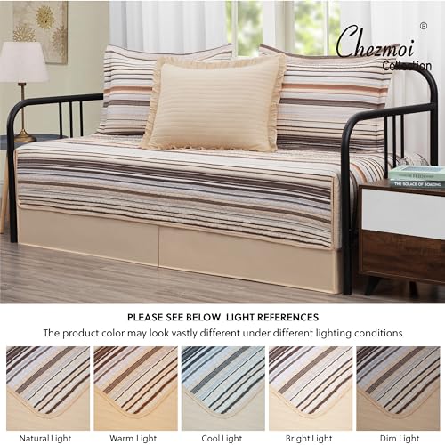 Image of Chezmoi Collection Avery Striped Cotton Quilt Set Daybed Size, 5-Piece Soft Pre-Washed 100% Cotton Quilt, Multi-Color Brown