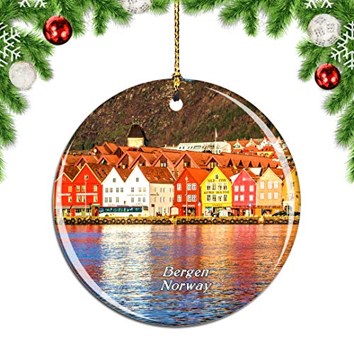 Weekino Norway Bryggen Hanseatic Wharf Bergen Christmas Xmas Tree Ornament Decoration Hanging Pendant Decor City Travel Souvenir Collection Double Sided Porcelain 2.85 Inch