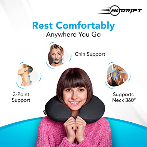 Image of Neodrift TravelNeck - Travel Neck Pillow with Memory Foam Head Support for Airplane, Car, Train, Bus, and Home Use - Ultimate Comfort Velvet Cushion Travel Pillow (Color: Black)