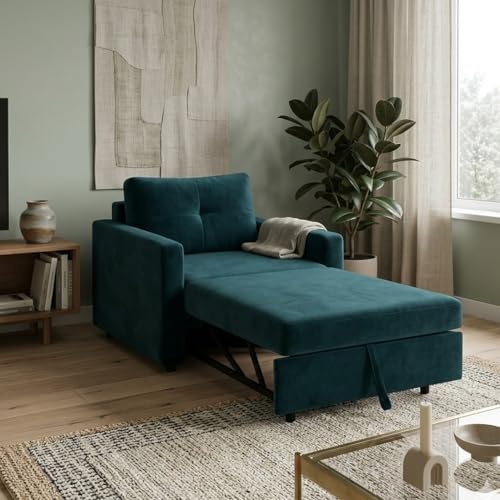 CASASTYLE Seria 1 Seater Pull-Out Premium Fabric Sofa Cum Bed Sofa Set for Living Room (Greenish Teal) Premium Velvet Finish Comfortable Sofa Bed