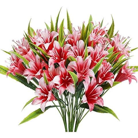 XHXSTORE 4Pcs Artificial Flowers Artificial Lillies Outdoor Fake Red Lilly Flowers Plastic Autumn Flowers Bouquet Bridal Wedding Bouquet Faux Flowers for Indoor Outdoor Festival Christmas Decor Cover