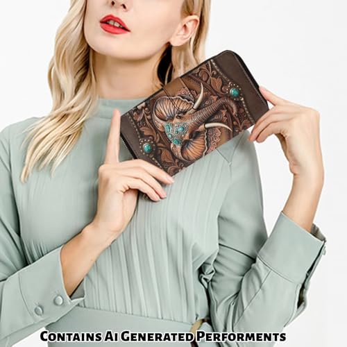 Image of COEQINE Ladies Wallets Pink Leopard Heart Black Printed Leather Phone Long Clutch Purses Check Coin Change Holder