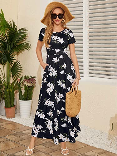 Zaberry Womens Floral Maxi Dresses Summer Short Sleeve Round Neck Long Dress Lily Floral L #TOP1