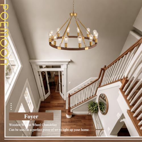 Image of Gold Wooden Wagon Wheel Chandelier 12-Light 31.5 inch Light Fixture