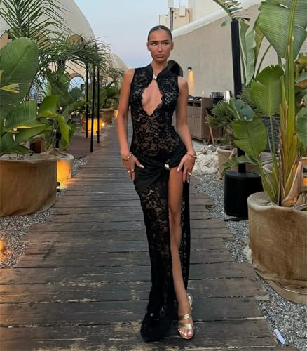 Image of JUMISEE Women's Sexy High Slit See Through Lace Maxi Dress Sleeveless Hollow Out Bodycon Cocktail Dress Evening Gown