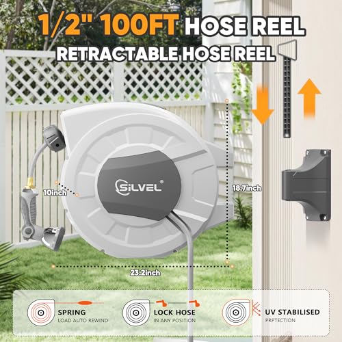 Image of Retractable Garden Hose Reel, 1 /2 inch x 100ft Wall Mount Heavy Duty Automatic Hose Reel with 10 Pattern Nozzle, Any Length Lock & Slow Return System, 180Swivel Bracket Upgraded UV Resistant,Light Grey
