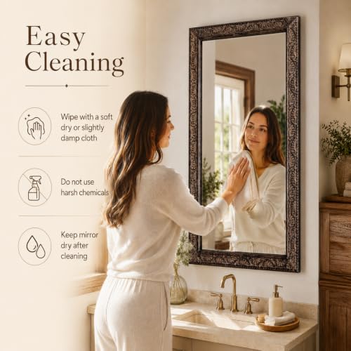 Image of Wooden Bathroom Wall Mirror,Solid Wood Frame -48x24x1.25 Burnt Brown