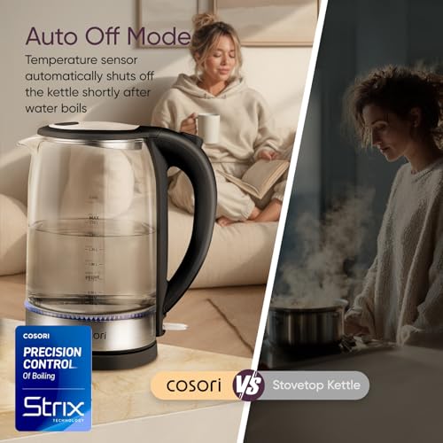 Image of Cosori Electric Kettle, No Plastic Contact With Water, Wide Mouth For Easy Cleaning, Auto Shut Off, 1.7L Tea Kettle & Hot Water Boiler, Water Heater & Teapot, Borosilicate Glass, Black, 1500W