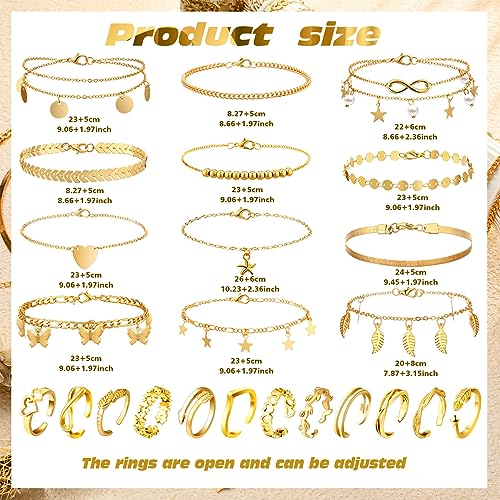 Sasylvia 24 Pcs Anklet and Toe Ring Set for Women Girl Silver Gold Layered Anklet Chain Adjustable Open Toe Ring Foot Jewelry2