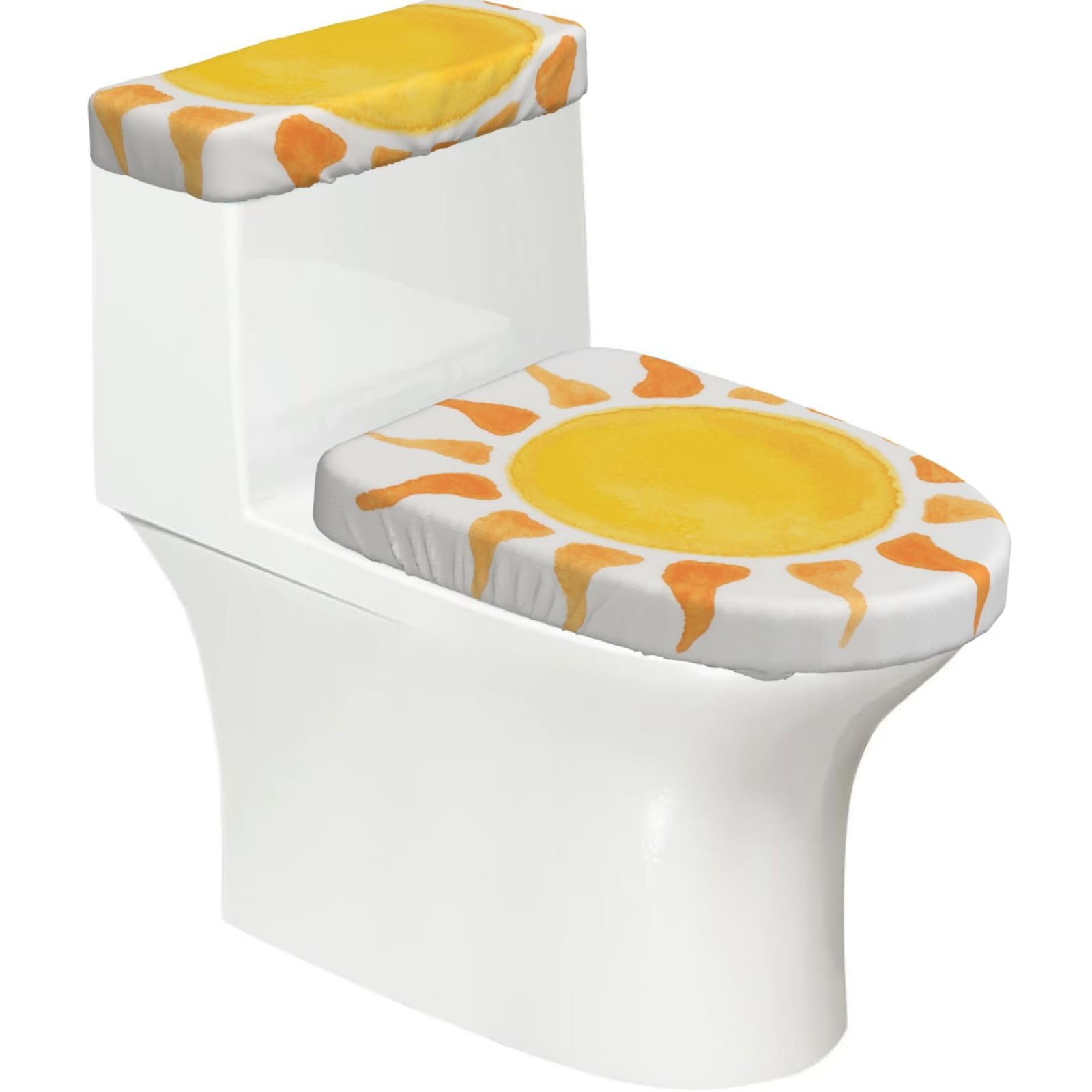 FekiLoot Watercolor Yellow Sun Painting Toilet Lid Cover and Toilet Tank Cover Set of 2,Dust Splash Resistant Toilet Top Covers Soft Washable Toilet Lid Seat Cover for Bathroom Office Home Decor