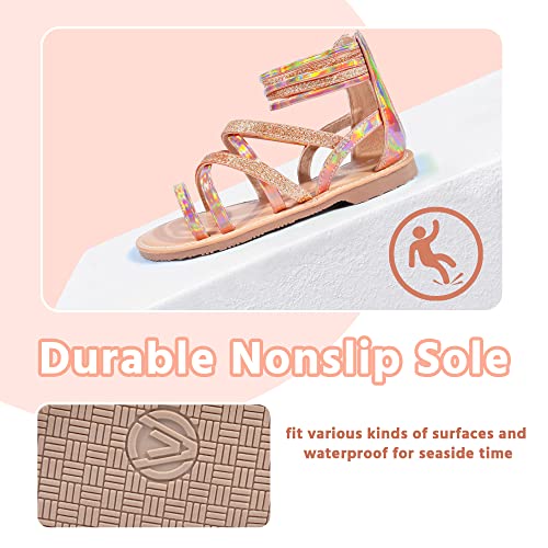shoeslocker Girls Gladiator Sandals Summer Flat Open Toe Shimmer Shoes Strap Ankle Sandals with Back Zipper for Little Kids Big Kids4
