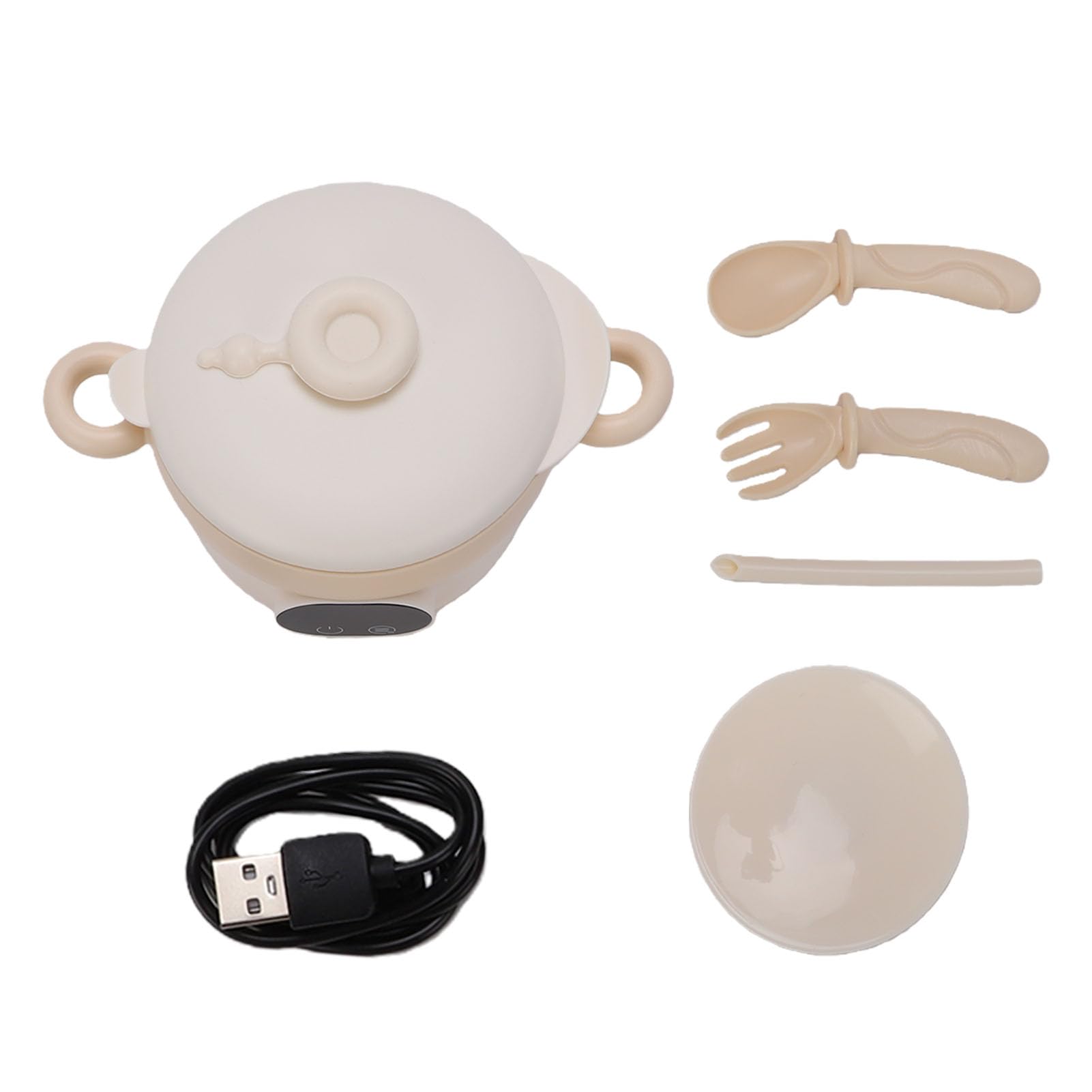 Scaldavivande Elettrico Ciotola Scaldavivande Ricaricabile in Acciaio Inossidabile da 470 Ml Isolato Senza Fili con Batteria da 3600 MAh per Pasti per Bambini (Color crema)