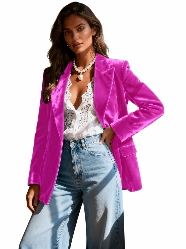 Fuchsia Womens Velvet Blazer Peak Lapel Jacket Trendy Business Casual Fall Winter Outerwear