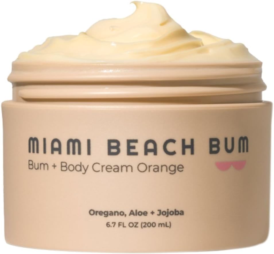 Miami Beach Bum, Bum + Body Cream, Daily Moisturizer For Total Skin Health, Body Acne Treatment, Razor Bumps, Keratosis Pilaris, Ingrown Hairs, Sunburns, Blemishes, After Sun Lotion - Orange, 6oz