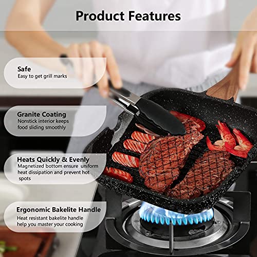 Eslite Life Nonstick Grill Pan With Lid For Stove Tops, 9.5 Inch Granite Coating Square Grill Skillet With Pour Spouts, Compatible With All Stovetops (Gas, Electric & Induction), Pfoa Free #TOP5
