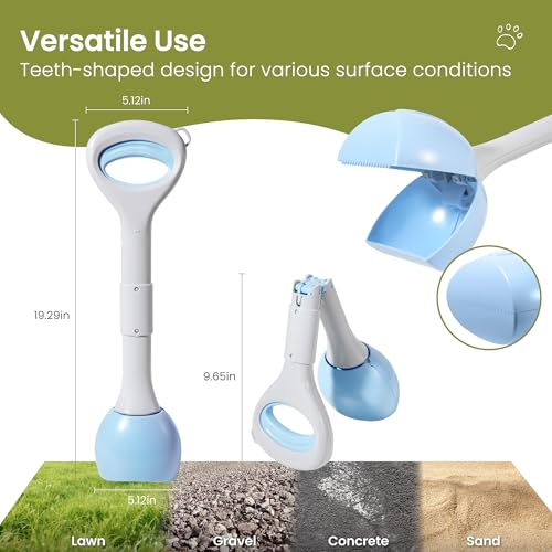 Image of Dog Pooper Scooper Portable with Bag Attachment, One Handed Foldable Design, Includes 120 Waste Bags and Dispenser, 19 Inch Handle for Grass Yard Gravel Cleanup (Blue)