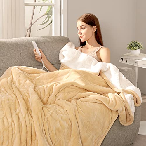 Yokimisu Electric Blanket Twin Size, Heated Blanket Flannel And Sherpa 62 X 84 Inches Etl Certification W/ 5 Heat Settings And 10 Hours Auto Shut Off, For Bed Home Office, Machine Washable, Beige #TOP7
