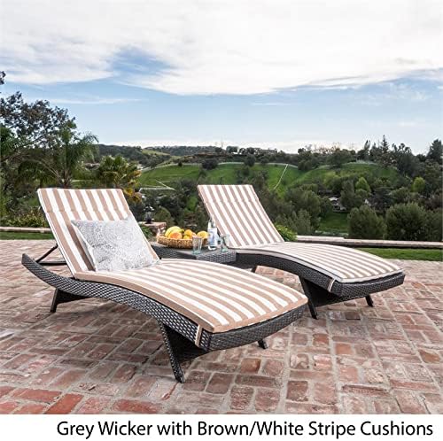 GDFStudio Savana 3 Piece Outdoor Wicker Lounge with Water Resistant Cushions & Coffee Table (Grey/Brown&WhiteStripes)