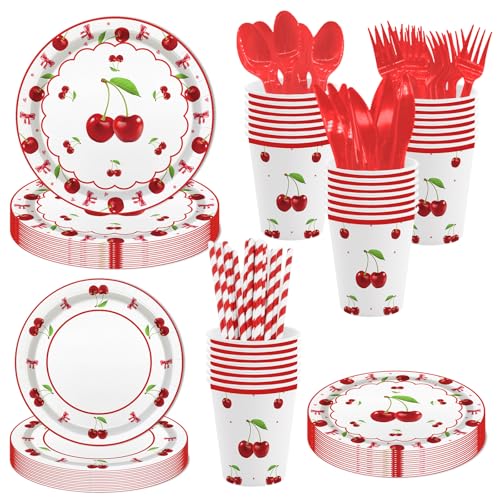 MEHOFOND 168Pcs Cherry Birthday Party Supplies, Coquette Cherry with Bow for Girl Birthday Baby Shower Party Decorations Disposable Cherry on TOP Paper Plates Tableware Set for 24 Guests