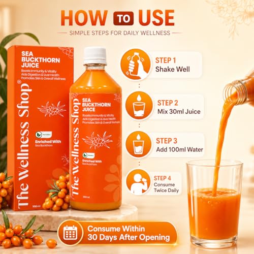 Image of The Wellness Shop Himalayan Sea Buckthorn Juice 500ml | Cold Pressed Seabuckthorn Berry Pulp Concentrate with Natural Vitamin C Omega 3 6 7 9, Antioxidants | Supports Immunity Skin Glow Gut Health