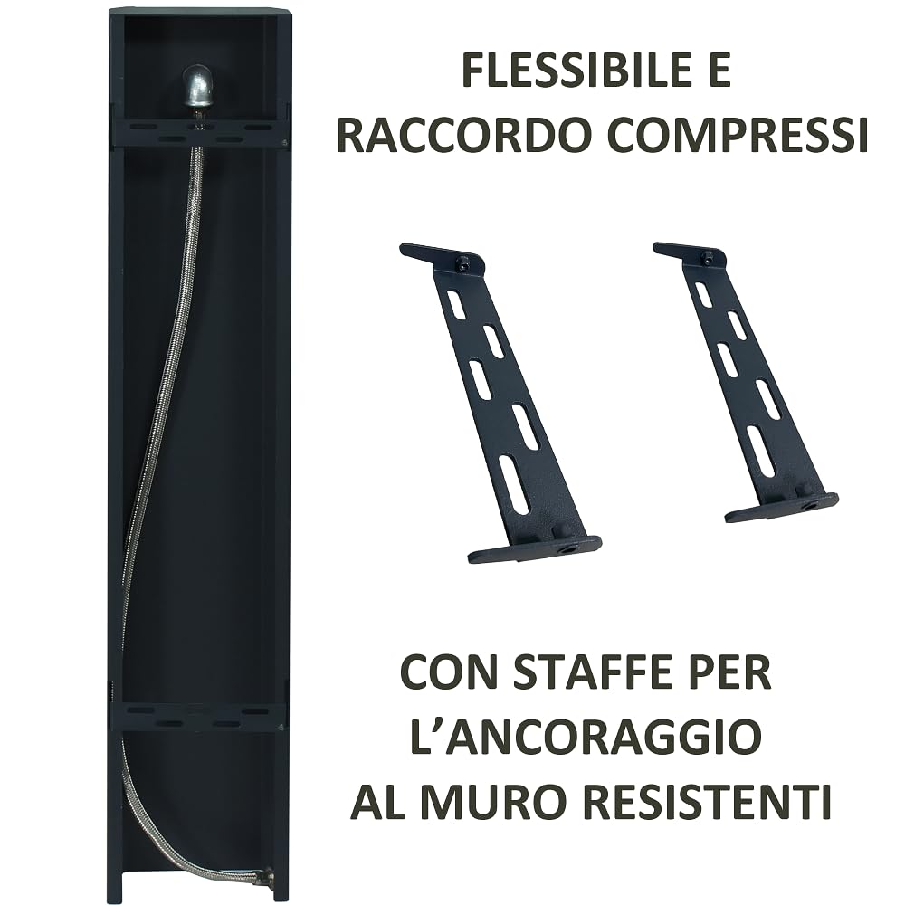 Fontana a Muro da Giardino Antracite, Fontana a Parete da Esterno in Acciaio Verniciato, Rubinetto in Ottone con Tubo Flessibile e Raccordo, Fontanella Made in Italy