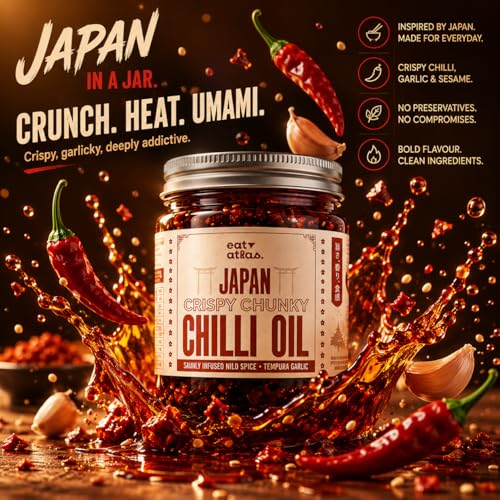 Image of Eat Atlas Japan Crispy Chunky Chilli Oil with Turkish Lavash Sesame Chips Combo, Slow Infused Chilli Garlic, No Preservatives, 200g + 100g