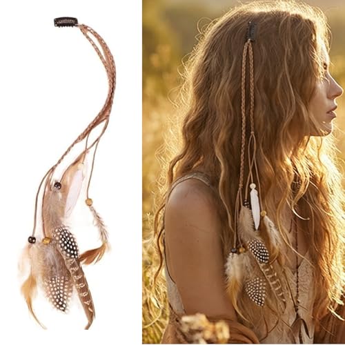 Lavaarite Feather Hair Extensions Clip In Handmade Boho Rooster Feather Hair Accessory 13 Inch Lightweight Festival Hair Clip with Beads & Rope for Women