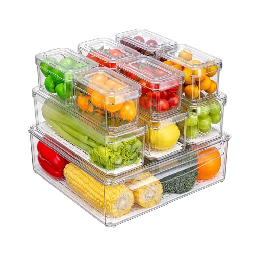 10 Pack Clear Fridge Organizers & Storage Bins Stackable Refrigerator Organizer with Lids BPA-Free Fridge Organizers for Produce Vegetable Drinks & Pantry Kitchen Cabinet & Fridge Stand Solution
