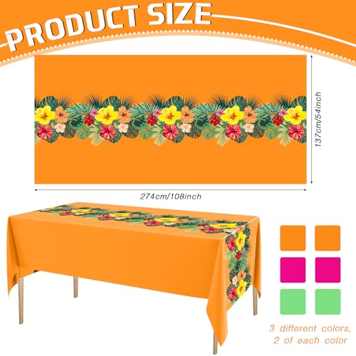 Image of Irenare 6 Sheets Hawaiian Luau Tablecloths for Party Decoration 54 x 108'' Tropical Palm Leaves Table Cloth Hawaii Disposable Rectangular Plastic Table Cover for Summer Beach (Rose Red,Orange,Green)
